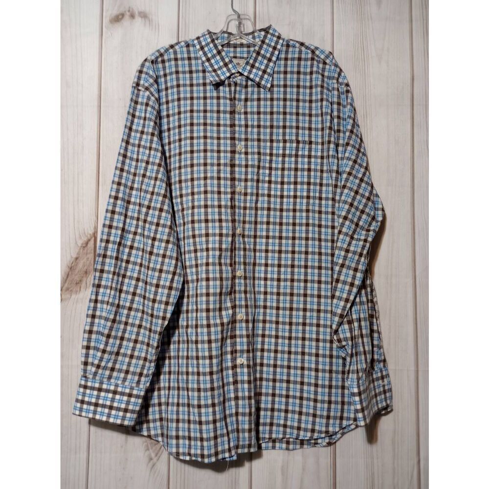 Peter Millar Mens XL Button Down Shirt Blue Brown Plaid Long Sleeve Cotton XL